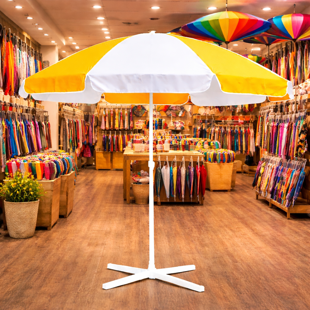 RAINPOPSON Stripe Garden Umbrella 6ft with stand -Garden Outdoor Umbrella for Rain (Yellow + White)